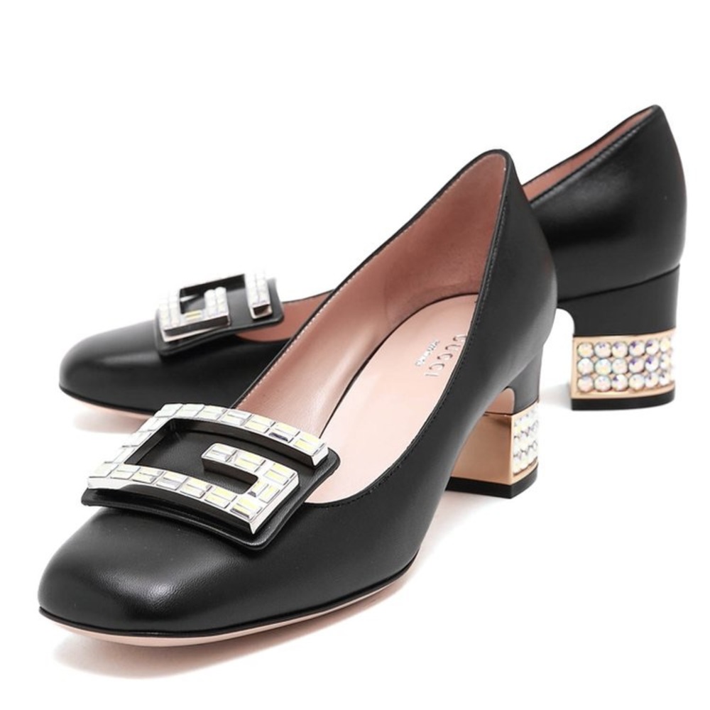 GUCCI MADELYN PUMPS CRYSTAL G BUCKLE BLACK 36.5